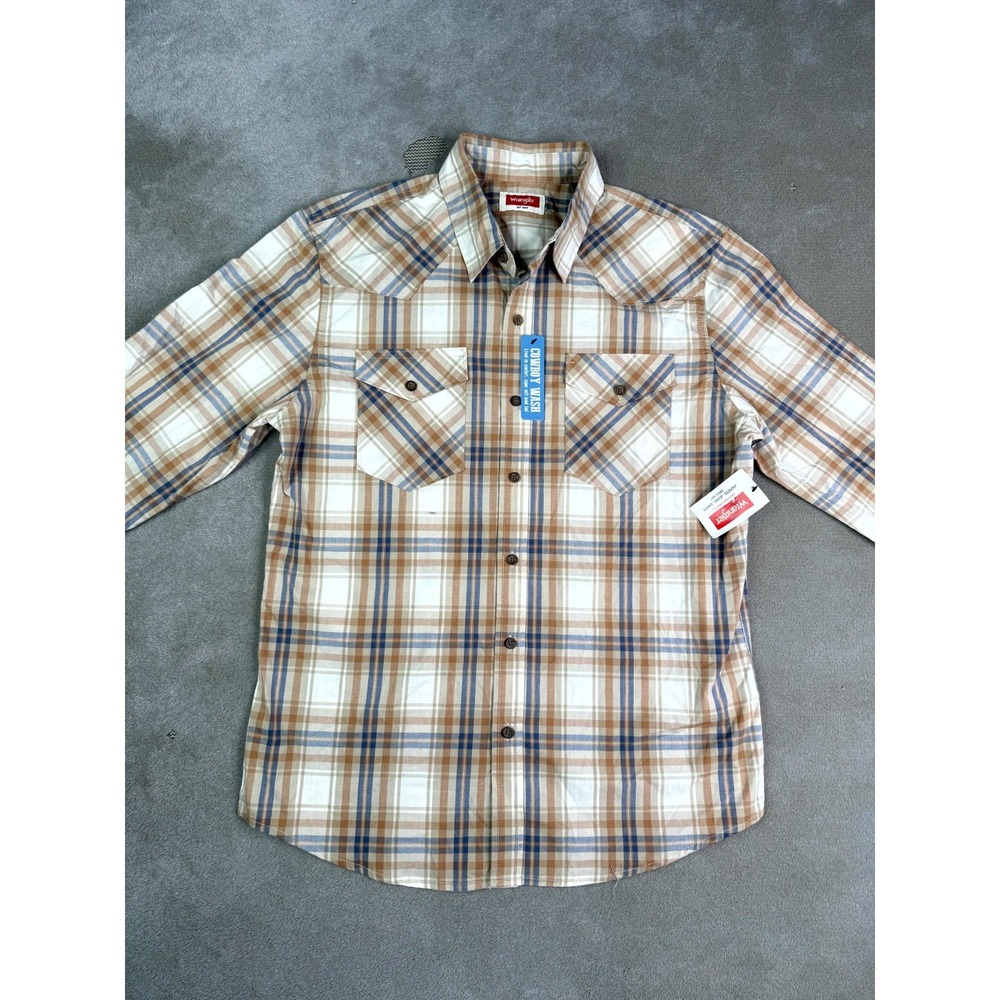 Wrangler Western Shirt Mens Medium Beige Plaid Cowboy Wash Slim Fit Pearl Snap